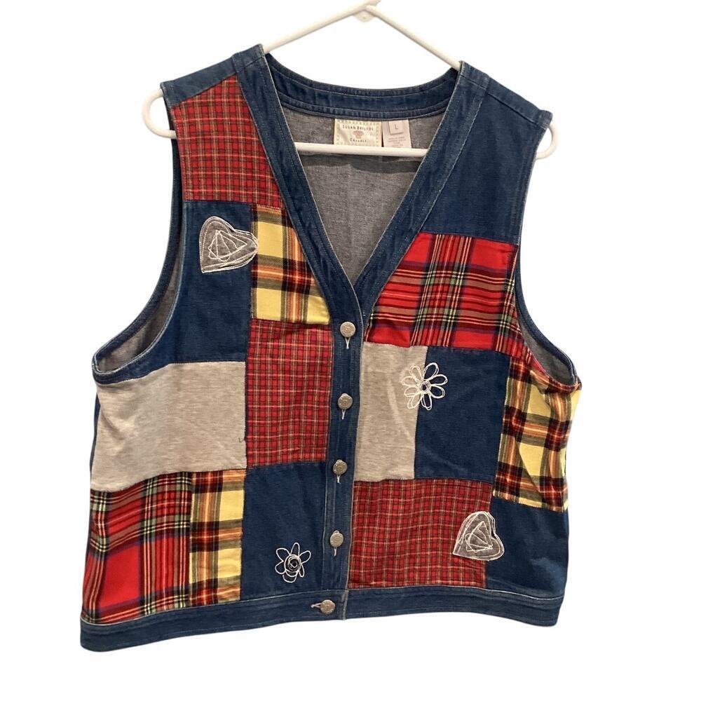 Vintage Susan Bristol Womens Patchwork Denim Vest Size Large Embroidered Fall
